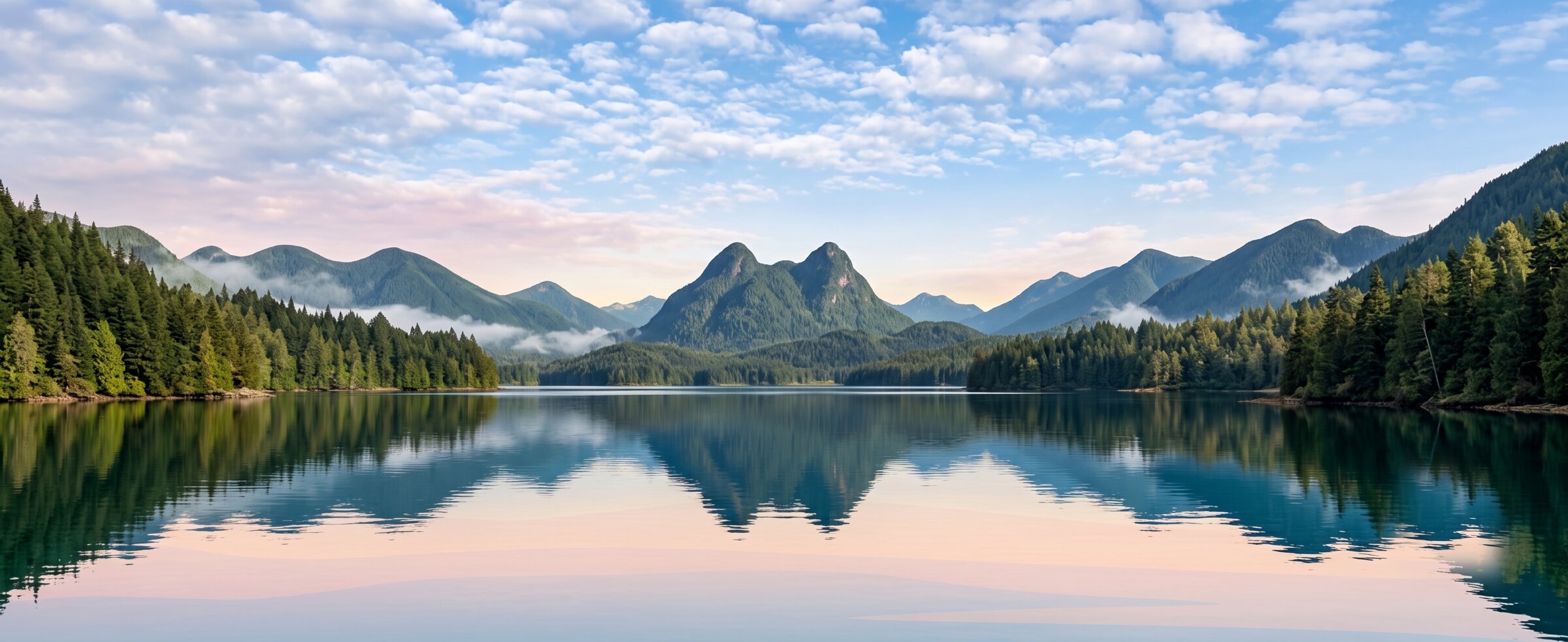Old-growth rainforest and coastal mountains mirrored in glassy calm water — scenic nature tour in Clayoquot Sound near Tofino