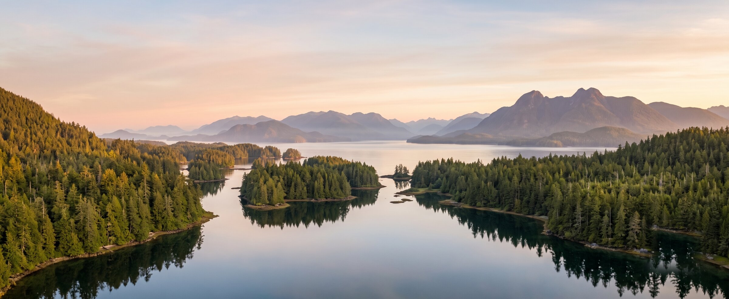 Aerial view of Clayoquot Sound islands and calm inlets at golden hour near Tofino, BC — the waters our private boat charters explore