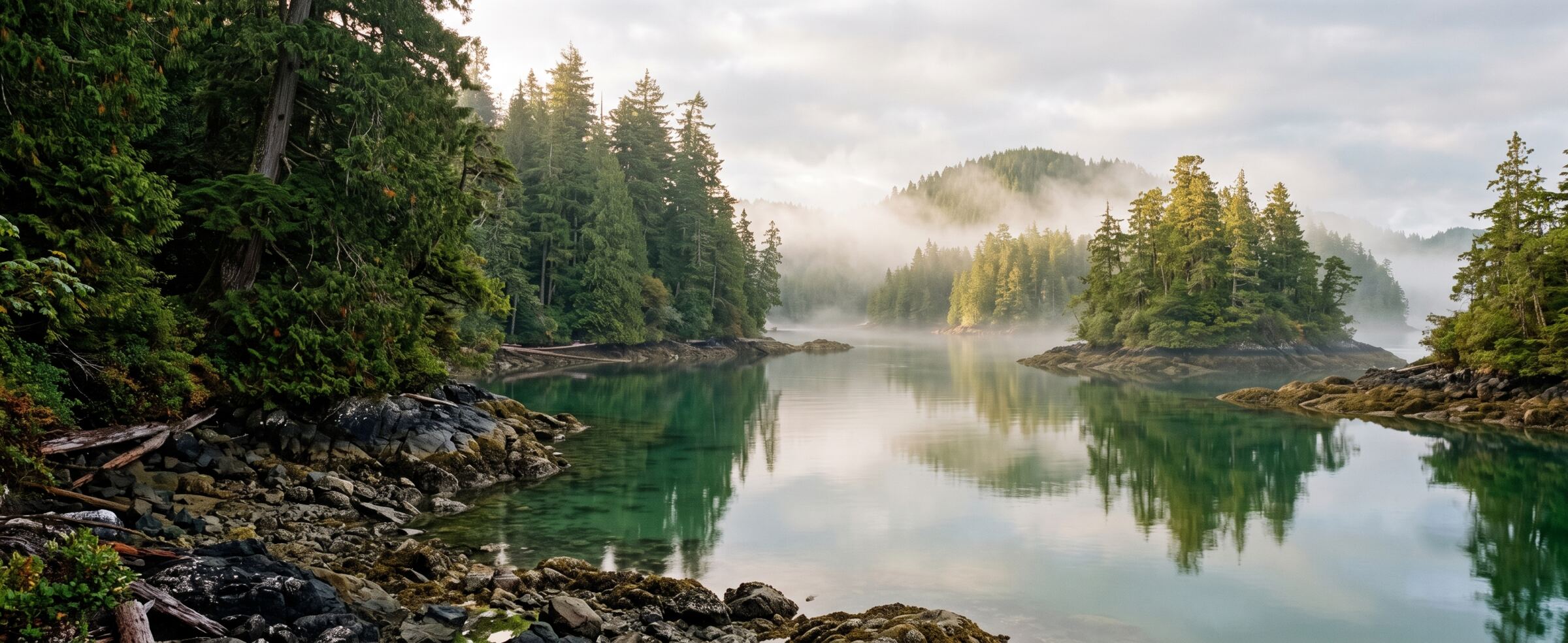 Secluded emerald cove sheltered by misty old-growth islands in Clayoquot Sound — the kind of hidden spot a private custom charter from Tofino can reach