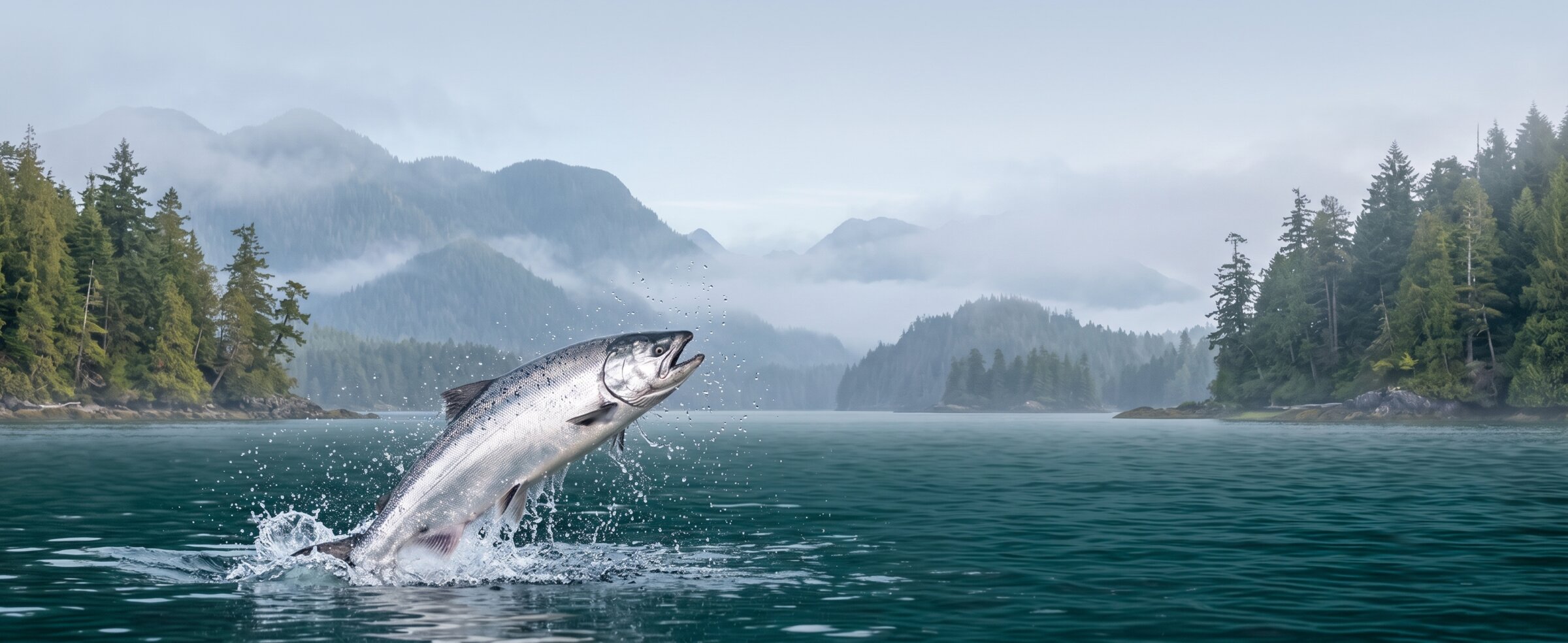 Chrome Chinook salmon leaping from the water on a misty morning — salmon and halibut fishing near Tofino, Vancouver Island